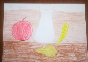 Rysunek jabłka, gruszki, banana oraz wazonu.