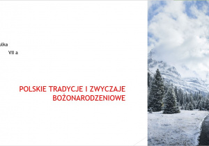 Slajd tytułowy prezentacji Julii - tytuł i zdjęcie gór w zimowej szacie