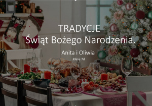 Slajd tytułowy prezentacji Oliwii i Anity - tytuł na tle zdjęcia ze stołem, choinką i kominkiem