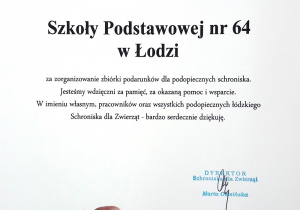 Podziękowanie od schroniska