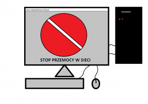 Stop przemocy w sieci - zestaw komputerowy z wyświetlonym na ekranie monitora hasłem