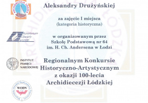 Dyplom dla Aleksandry Drużyńskiej za zajęcie 1. miejsca w kategorii historycznej