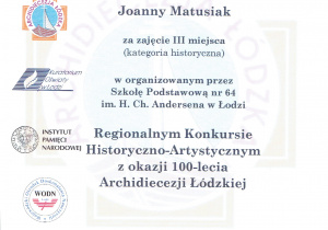 Dyplom dla Joanny Matusiak za zajęcie 3. miejsca w kategorii historycznej