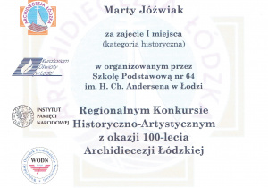 Dyplom dla Marty Jóźwiak za zajęcie 1. miejsca w kategorii historycznej