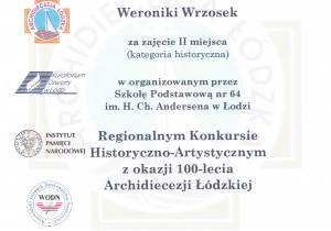 Dyplom dla Weroniki Wrzosek za zajęcie 2. miejsca w kategorii historycznej
