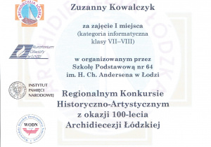 Dyplom dla Zuzanny Kowalczyk za zajęcie 1. miejsca w kategorii informatycznej