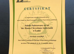 Certyfikat Sieci Szkół Promujących Zdrowie Województwa Łódzkiego