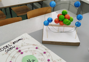 Model atomu sodu, w którym jądro atomowe i elektrony wykonane zostały z plasteliny oraz model atomu węgla wykonany ze styropianowych kulek