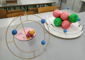 Modele atomu litu wykonane z pokolorowanych kulek styropianowych