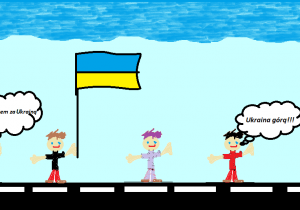 Pięcioro dzieci trzyma flagę Ukrainy i wypowiada słowa poparcia