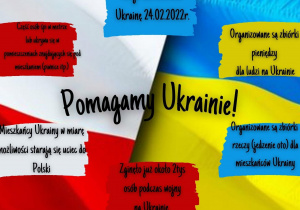 Na tle w kolorach flag Polski i Ukrainy umieszczono napisy z informacjami o napaści Rosji na Ukrainę