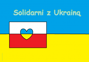Niebiesko-żółte tło, na nim flaga Polski z niebiesko-żółtym sercem