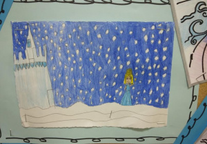 Praca indywidualna wykonana techniką rysunkową - Królowa Śniegu i jej pałac