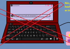 Przekreślony laptop z rozmową mającą na celu wyłudzenie hasła