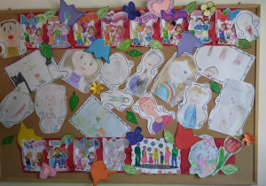 Wystawa prac uczestników świetlicy wykonanych techniką rysunkową (kredki, flamastry) z okazji Dnia Dziecka przedstawiająca autoportrety dzieci i członków rodziny (kolorowanki)