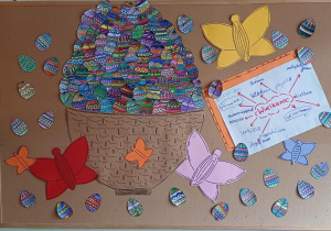 Wystawa prac uczestników świetlicy "Wielkanocne koszyki" - prace rysunkowe i wycinanka z kolorowego papieru